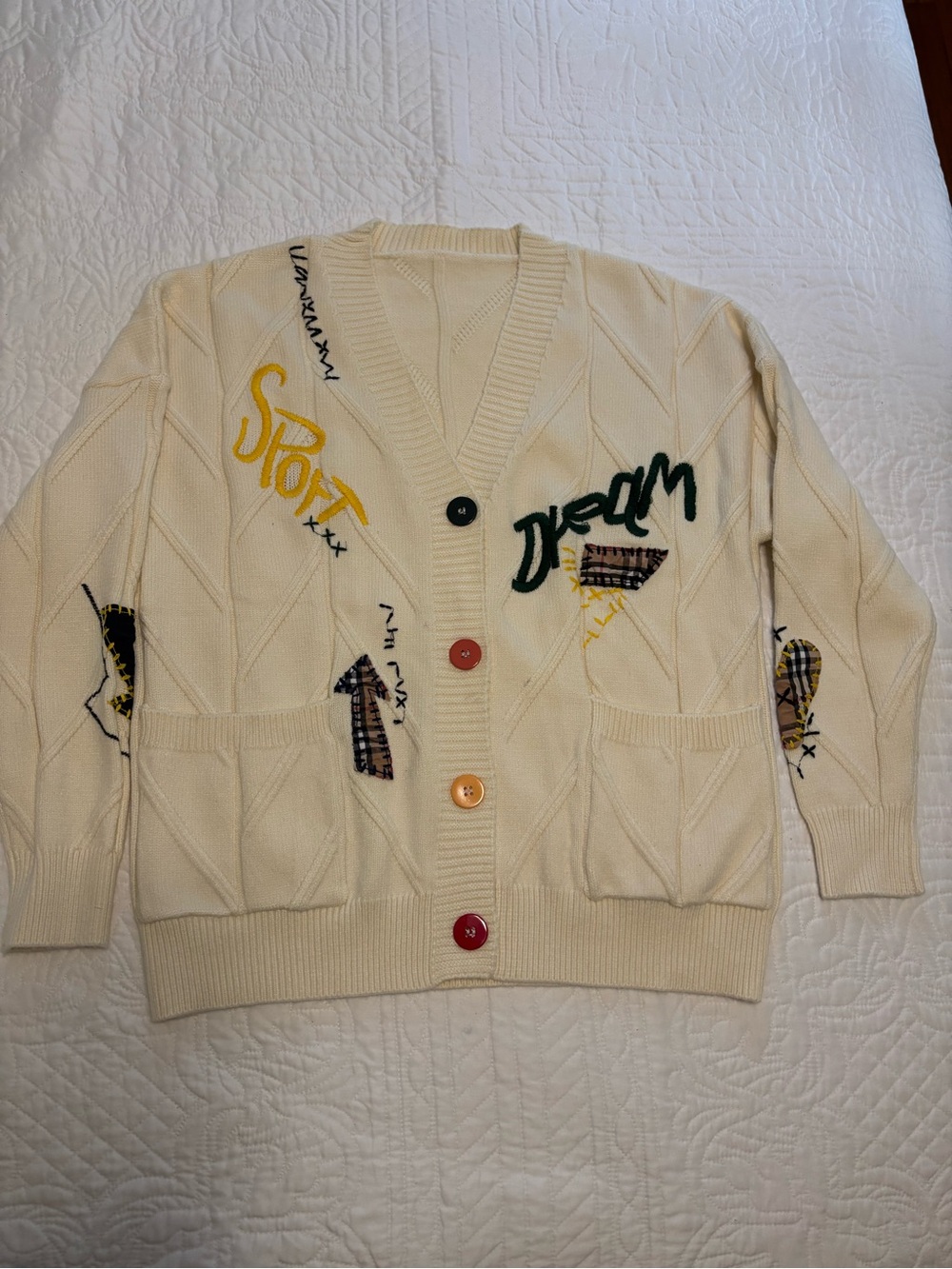 Vintage Cream Cardigan Sweater with Multicolor Embroidered Details